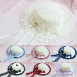 Original Handmade Flower Wedding Gorgeous Lolita Flat-Top Cap Miss Fla Princess Pearl Gadget Big Brim Straw Hat