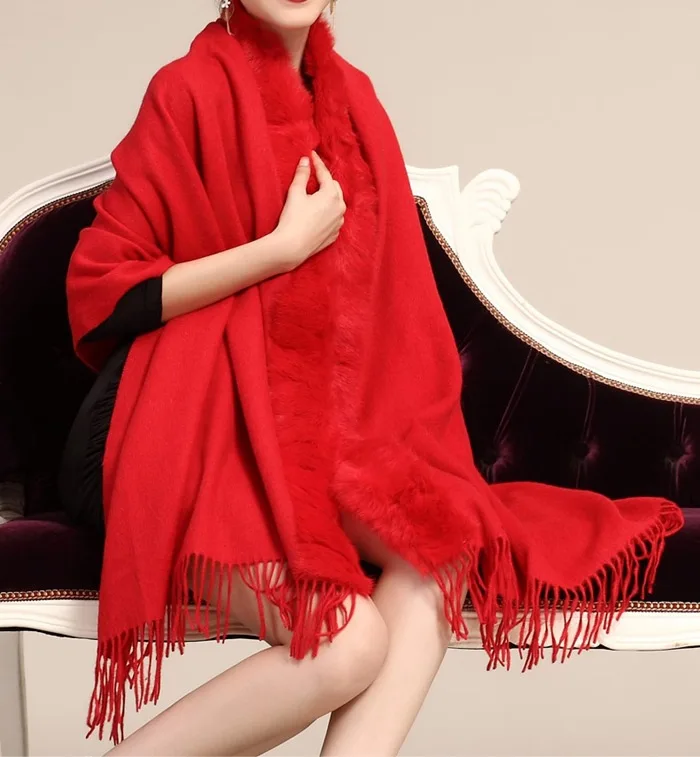 Same Color As Photo Женское длинное пончо с кроличьим меховым воротником сзади, теплая накидка с кисточками, зимние женские шерстяные кашемировые кардиган-шаль, пальто с мехом - Цвет: Same Color As Photo