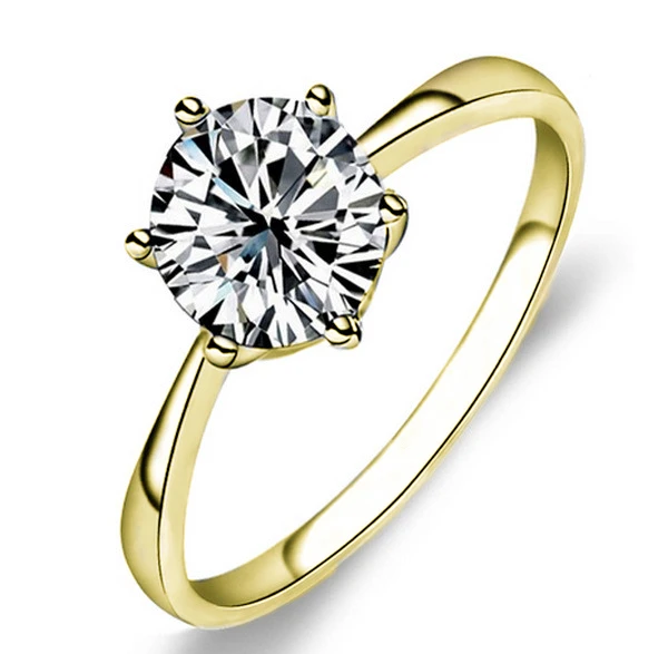 Yellow Gold Color Классическое кольцо с шестью когтями золотого цвета, свадебное кольцо с австрийскими кристаллами AAA для невесты, рождественский подарок для женщин, ювелирное изделие, обручальное кольцо - Цвет основного камня: Yellow Gold Color