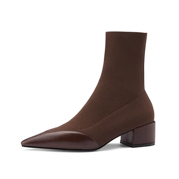 

Band poined Toe Genuine Leather knitting Women's Ankle Boots Thick med Heels women Pumps WorKing casual Shoes Woman