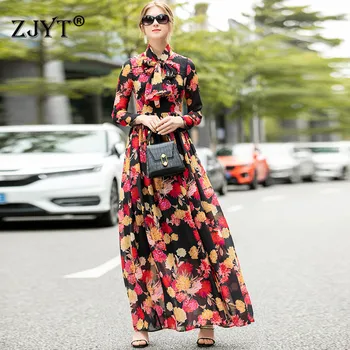 

Runway Long Dress Women High Quality Fashon Clothes 2020 New Elegant Full Sleeve Floral Print Maxi Vintage Boho Chiffon Dresses