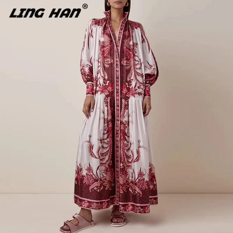 LINGHAN Elegant Print Single-Breasted Long Dress Women's Stand Lantern Sleeve Lace Up party Dresses Autumn Runway New - Цвет: Красный