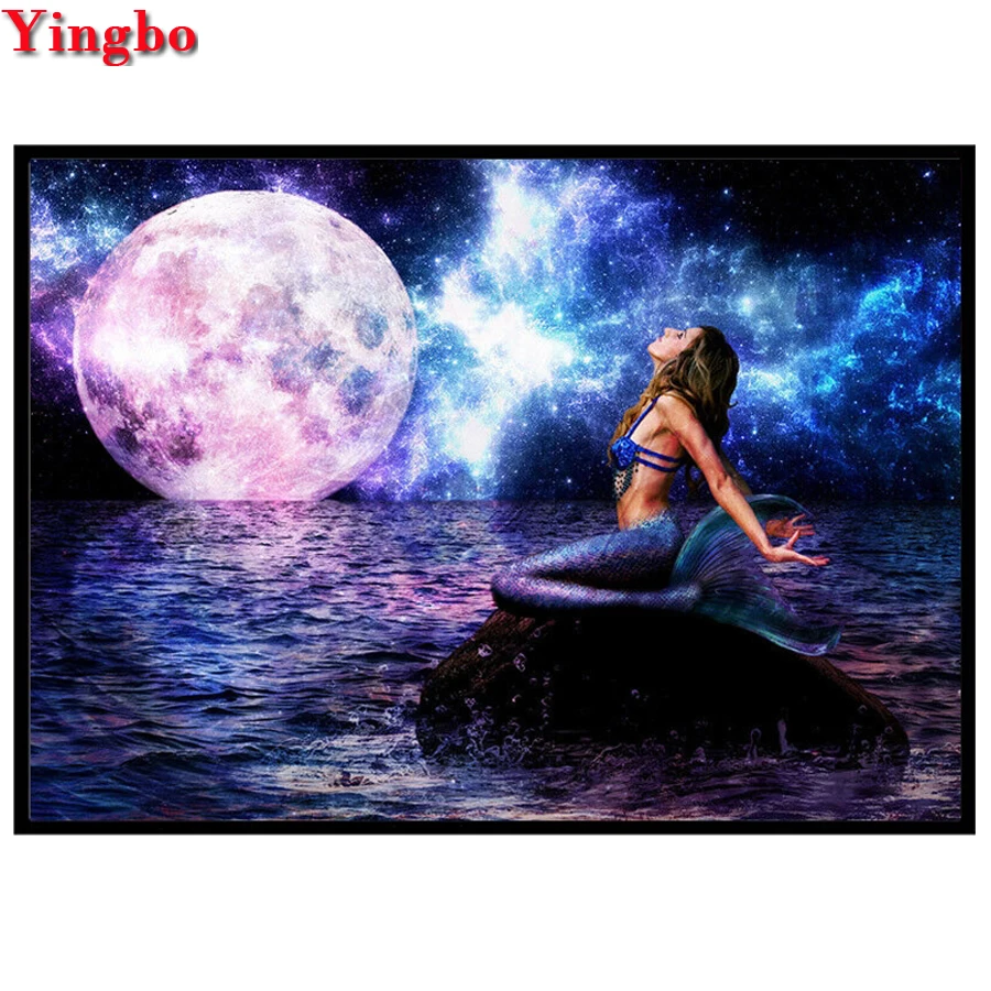 5d круглая Алмазная картина «сделай сам» с изображением русалки лунного пейзажа, алмазная вышивка, стразы, мозаичный Набор для вышивки