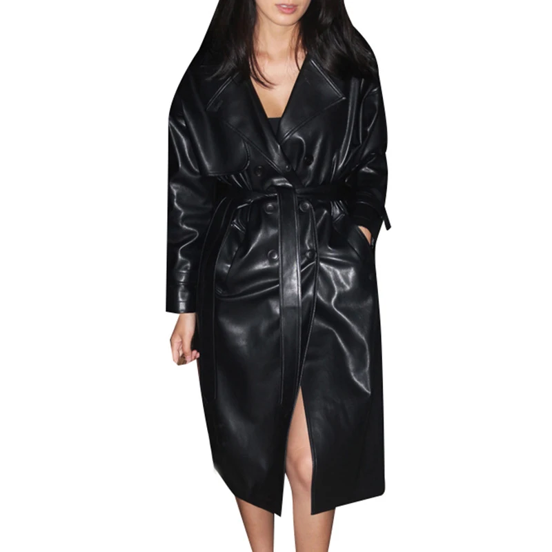 

2019 Fall Designer OL Elegant Woman Leather Coats Double Breasted Button Split Outwears with Sashes Fall Winter Clothes
