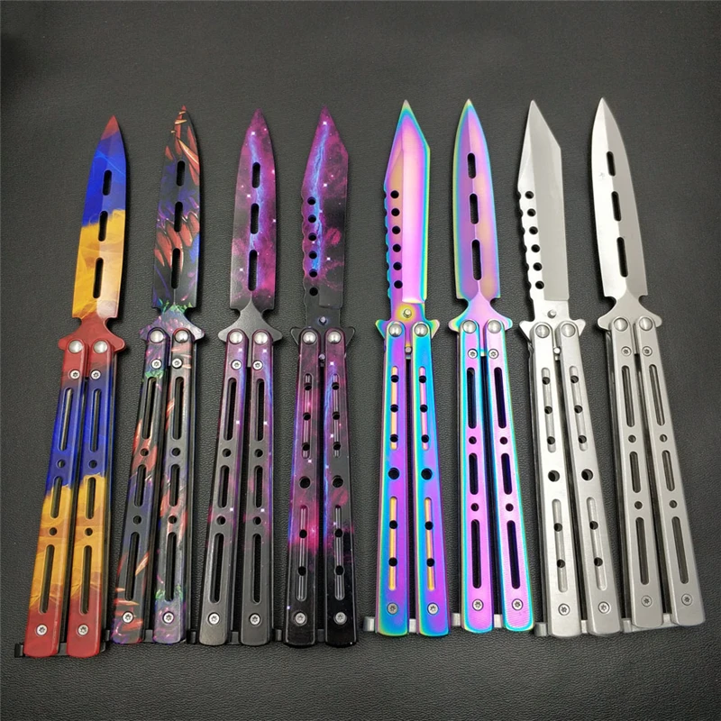 

Titanium Rainbow color folding knife Stainless Steel knife Butterfly Training Knife butterfly knife game knife dull tool no edge