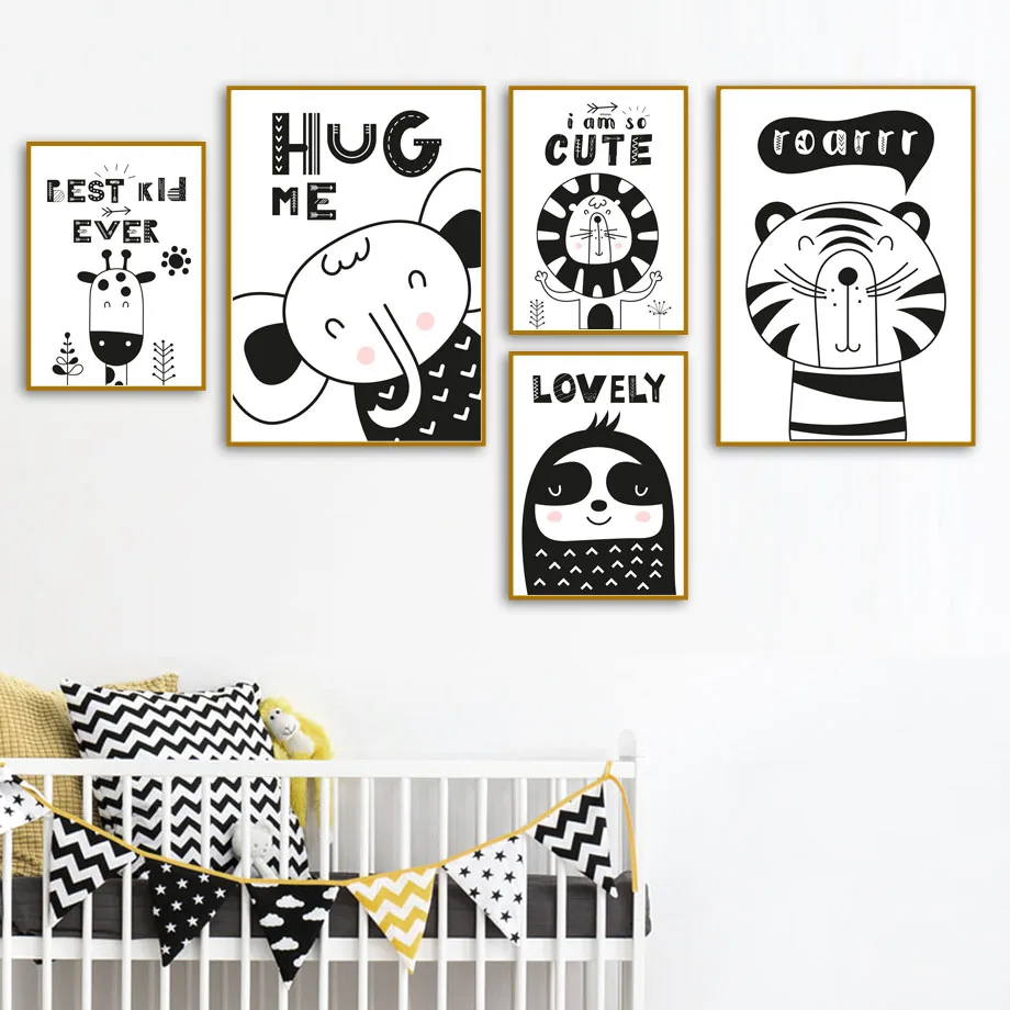 Black-White-Elephant-Giraffe-Lion-Tiger-Sloth-Nordic-Posters-And-Prints-Wall-Art-Canvas-Painting-Wall
