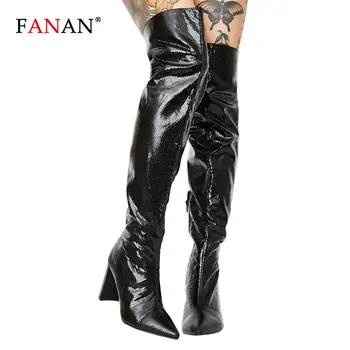

FANAN Women Over The Knee Boots Sexy Pointed Toe Thigh High Heel Boots Black Long Boots Woman 2020 Winter Ladies Shoes