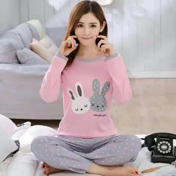 

[Puls Size M-5XL] Ladies Fashion Pajamas Set Round Neck Long Sleeve tops+pants Cartoon Print Pajamas 2PCS/Set