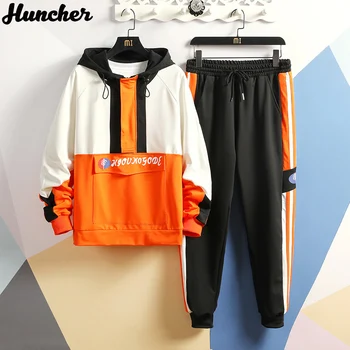 

Huncher Tracksuit Men Sets 2020 Mens Fashion Hip Hop Streetwear Patchwork Hoodie Side Striped Sweatpants Sportswear Men Suits