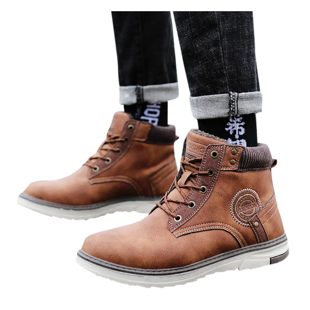 Зимние Теплые ботильоны; мужские короткие ботинки в стиле ретро; повседневные мужские ботинки из искусственной кожи с круглым носком и