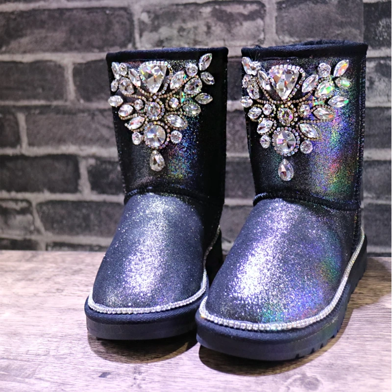 Genuine Leather Boots Women Warm Winter Boots Bling Fashion Rhinestones Mid-Calf Snowboots Thick Plush Winter Shoes Ladies Shoes