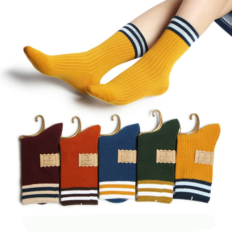 5 пар свободные Цветные Дизайнерские средние трубки японский хлопок полосатый милый школьный стиль женские носки