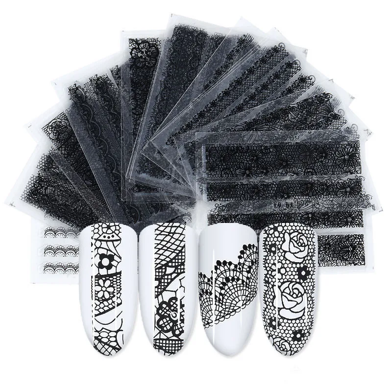 

30 Sheets Lace Nail Art Sticker Rose Decal Black White Pattern Nailart Decorations Charms 3d Spring Blooms for Nailart Design