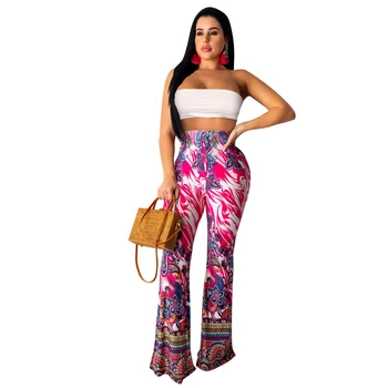 

Vintage Print Wide Leg Pants Women 2020 Summer Autumn Elastic High Waist Elegant Streetwear Trousers Casual Pantacourt Femme