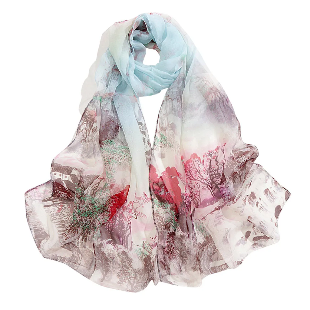 Осенний зимний модный женский длинный мягкий шарф-шаль из шифона шарф с пейзажным принтом шарфы дышащие шали#928