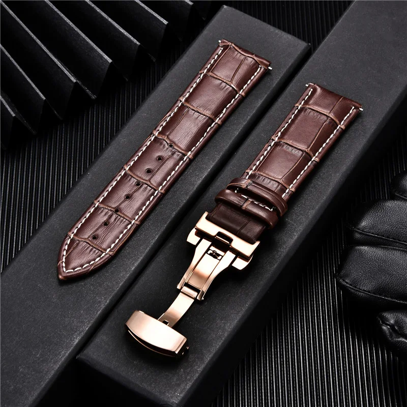 Premium Genuine Leather Watchband with Butterfly Buckle - Elegant Men's Strap Accessory