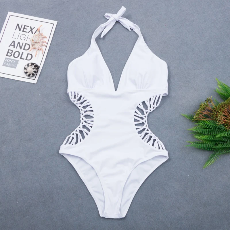 2020 Sexy White Halter Cut Out Bandage Trikini Swim Bathing Suit Monokini Push Up Brazilian Swimwear Women One Piece Swimsuit