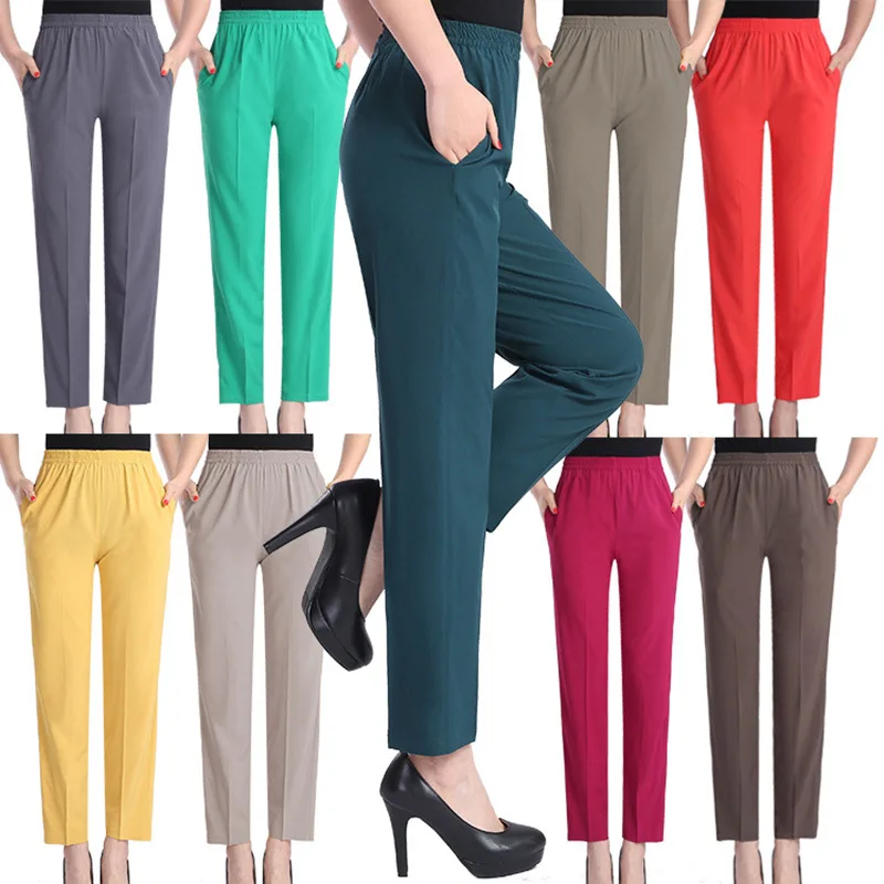 

Middle Aged and Old Women Spring Summer Pants Thin Elastic Waist Loose Long Casual Mother Trousers pantalon femme