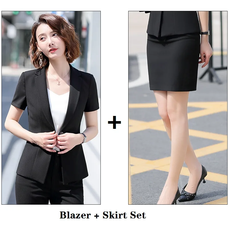 Стиль, женские деловые костюмы, летняя юбка и пиджак, комплекты, черный блейзер, куртки, Офисная форма, дизайн - Цвет: Blazer and Skirt Set