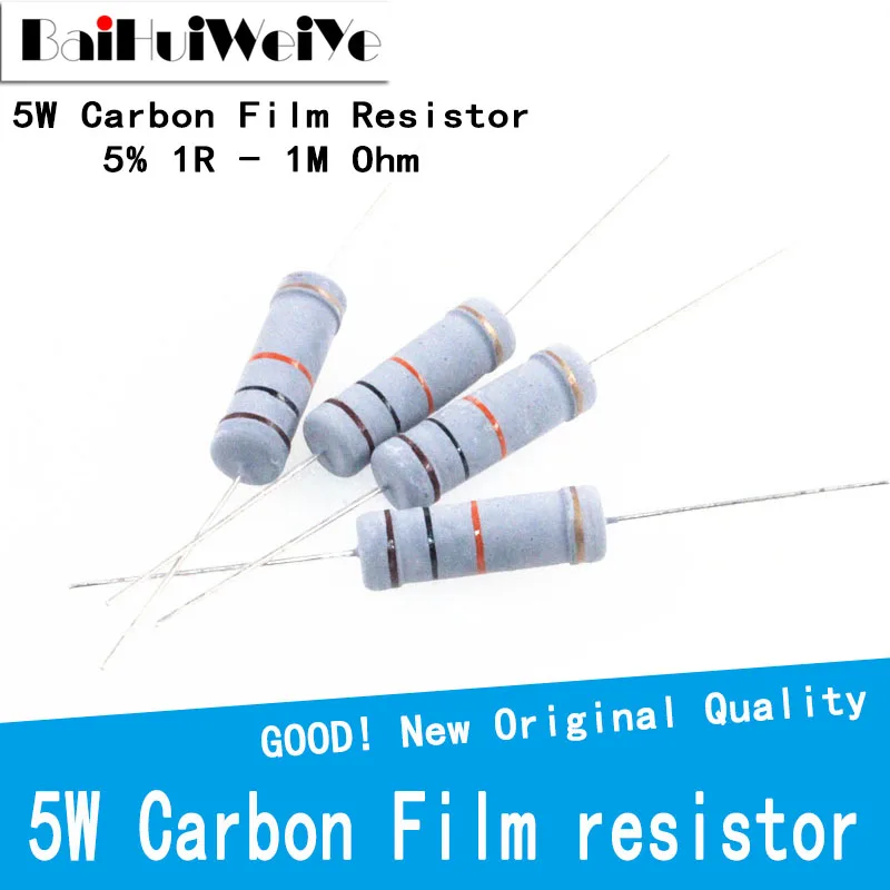 10pcs 5W Carbon Film Resistor 5% 1R ~ 1M 2.2R 10R 22R 47R 51R 100R 150R 470R 1K 4.7K 10K 47K 1 2.2 10 22 47 51 100 150 470 Ohm |