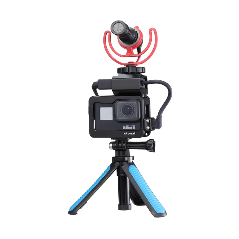 Ulanzi микрофон Vlog клетка штатив светодиодный адаптер света рамка для Gopro Hero 7 6 5 металлический защитный корпус с адаптером холодного башмака - Цвет: Cage Mic Tripod