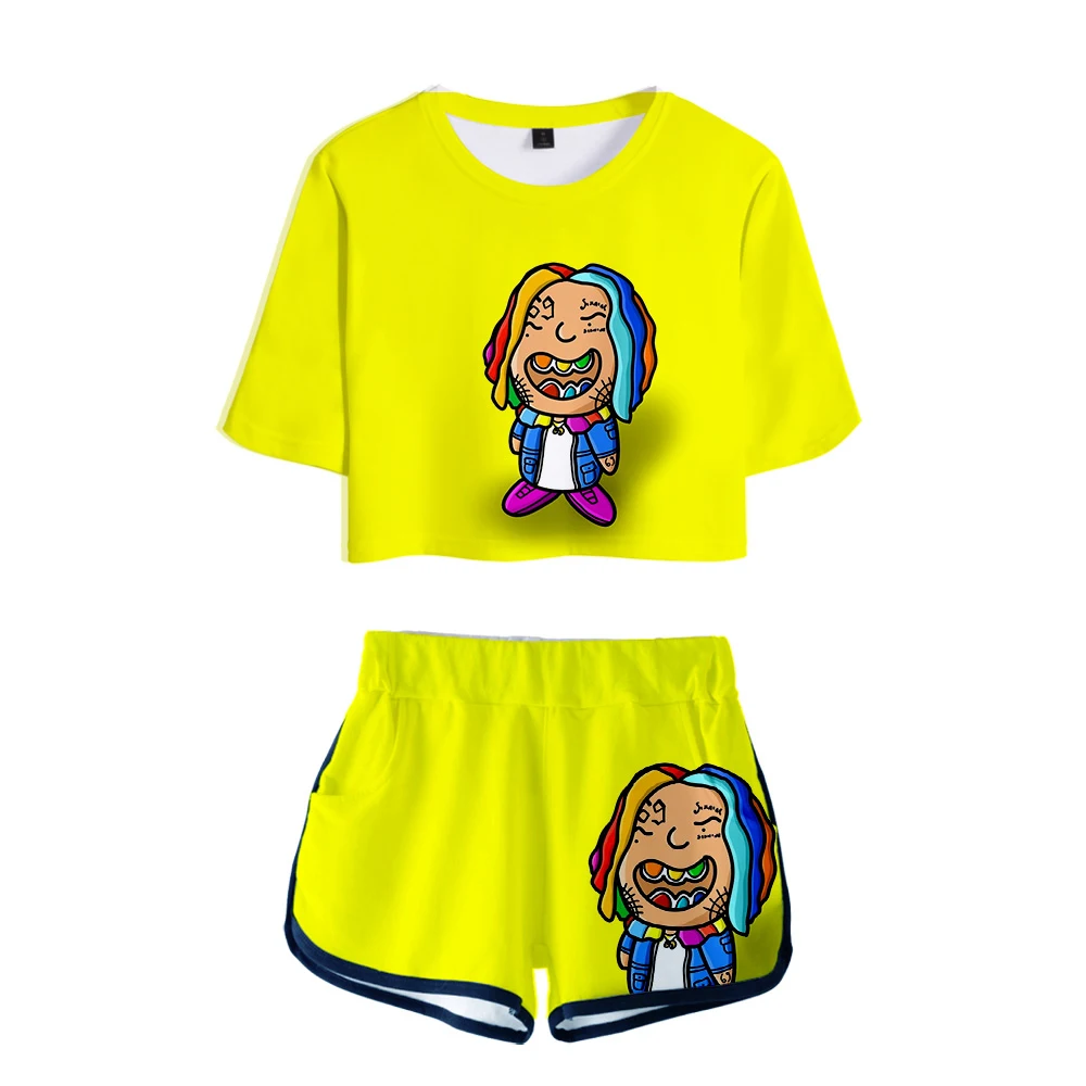 Популярные желтые комплекты футболка с открытым пупком 3D 6IX9INE + шорты женские из