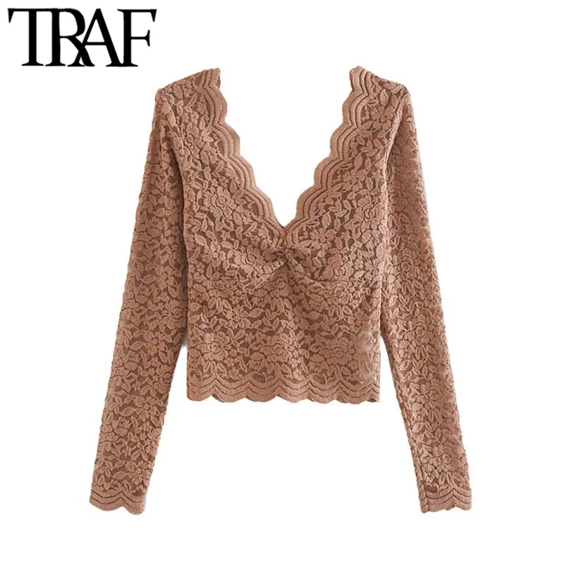  TRAF Women Vintage Sexy Deep Neck Short Style Transparent Lace Blouses Fashion Long Sleeve Stretchy