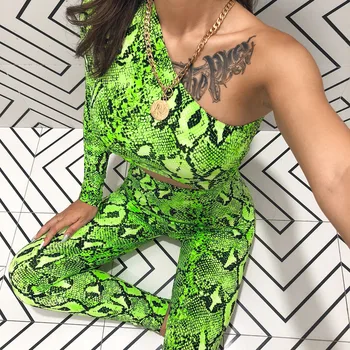 

2019 Neon Green Snake Print Two Piece Sets Women Sexy Suit Set One Shoulder Crop Top + Fit Leggings Streetwear Female Tracksuits