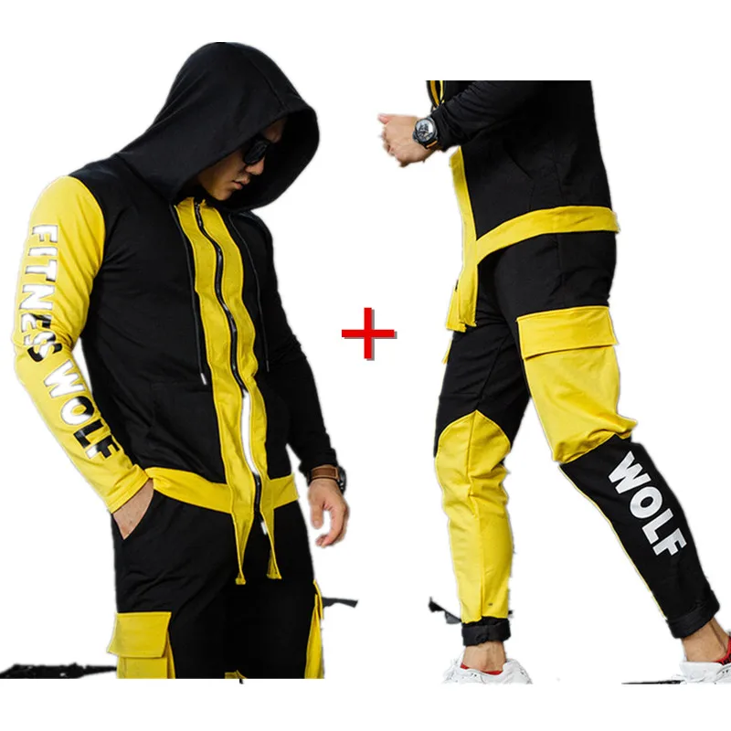 Yellow and black Костюм с капюшоном, мужские комплекты одежды, спортивный костюм, фитнес бодибилдинг, мужские толстовки с капюшоном+ штаны, костюм для бега, мужской комплект одежды - Цвет: Yellow and black