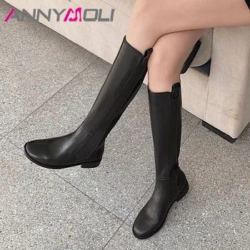 

ANNYMOLI Riding Boots Women Shoes Genuine Leather Mid Heel Knee High Boots Zip Metal Decoration Block Heels Long Boots Black 40