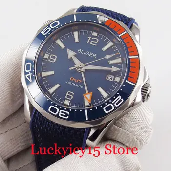 

BLIGER Self Winding Men Watch Automatic Movement Blue Dial Ceramic Bezel Rubber Strap GMT Hand