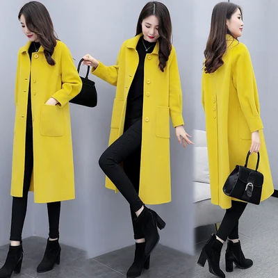 Yellow Шерстяное пальто женское осеннее корейское однобортное шерстяное пальто с рукавом-фонариком свободная шерстяная куртка зимнее пальто женская верхняя одежда - Цвет: Yellow
