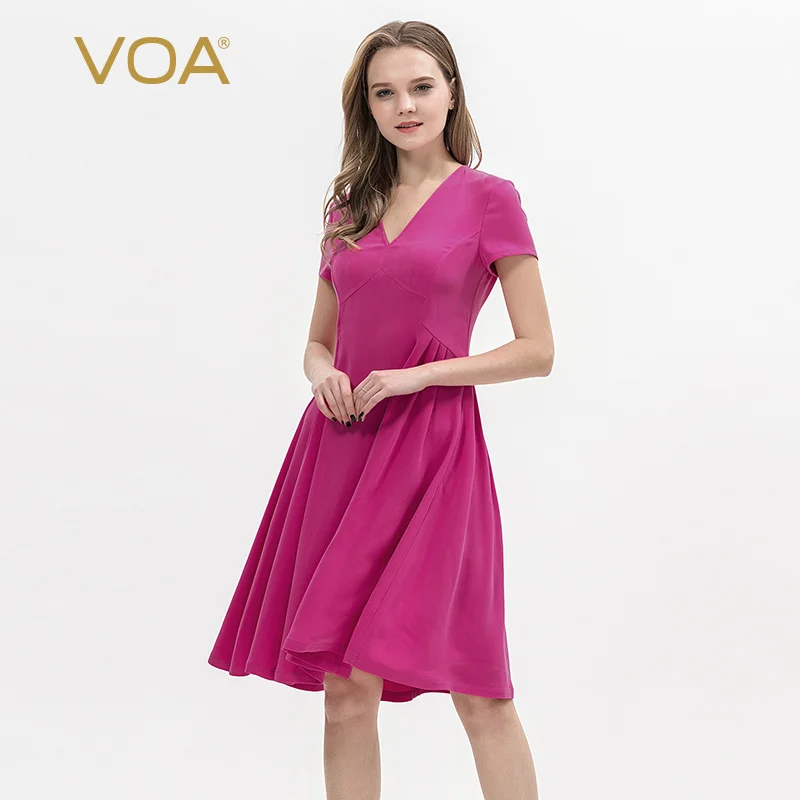 VOA, розовая, красная, тяжеловесная шелковая Женская одежда, глубокий v-образный вырез, для офиса, для девушек, одноцветные платья, женские, вечерние, ночное платье, A10212
