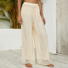 

2022 Summer Fashion Women Beach Long Loose Mesh Sheer Pants See Through Lady High Waist Sexy Hollow Out Solid Female Clothes