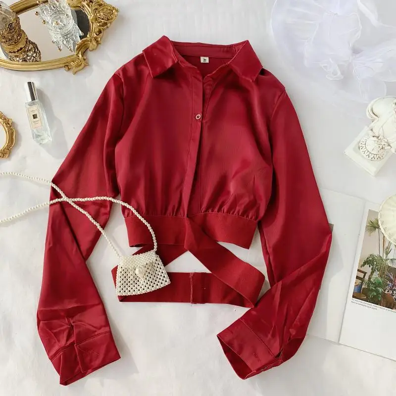 

2019 new fashion women's blouse Shirt short satin cross elastic bandage waist slimming top