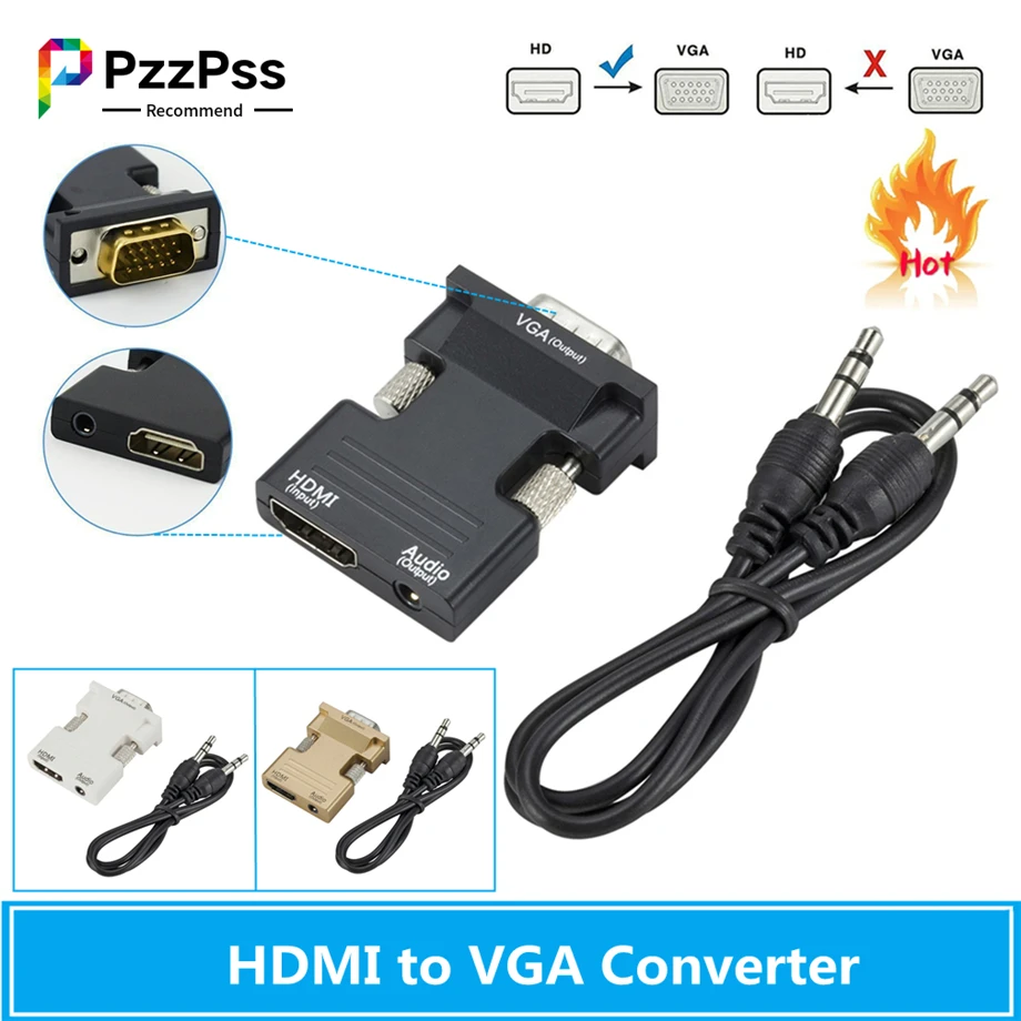 PzzPss HDMI-совместимый конвертер мама-VGA папа 3 5 мм аудио кабель адаптер 1080P FHD видео