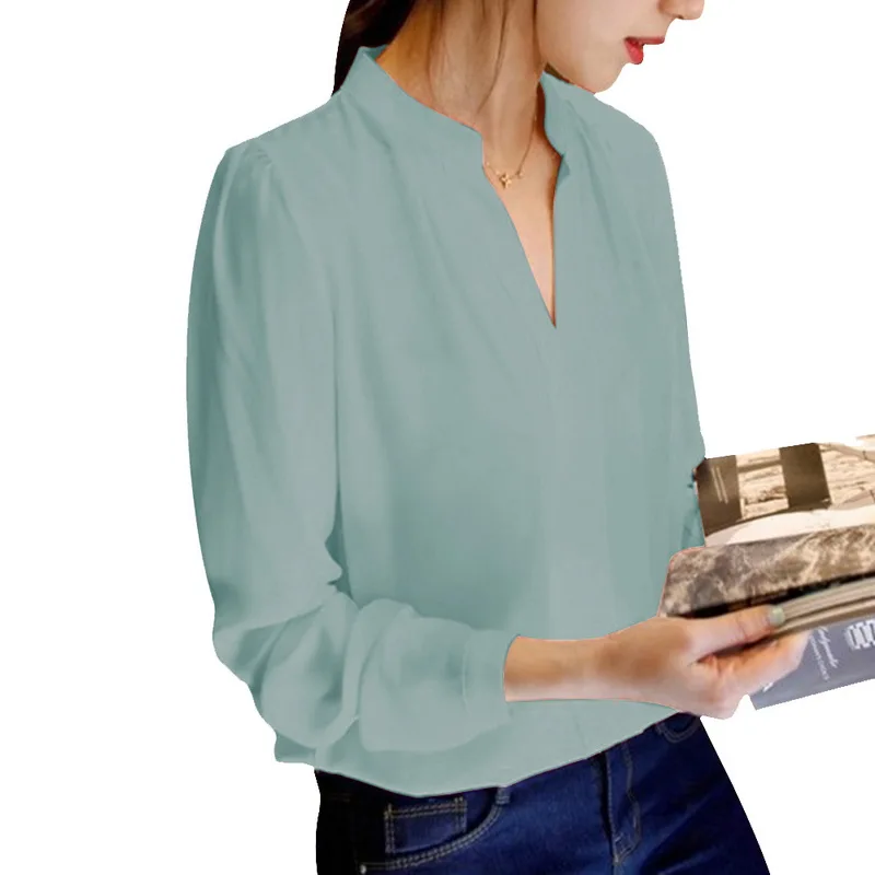 Белая блузка с длинным рукавом, шифоновая блузка с двойным v-образным вырезом, Женские топы и блузки, однотонная офисная рубашка, женская блузка, рубашка - Цвет: green