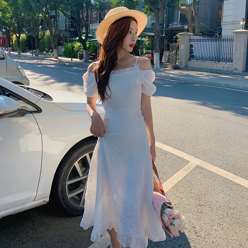 

Женское платье на бретельках с бантом и пышными рукавами, Летнее белое длинное платье на бретельках с французским принтом и оборками, 2021
