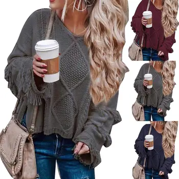 

Women Sweater Winter Sweaters Solid Color Tassel Flare Sleeve O-Neck Sweaters Pullovers Ladies Sweater