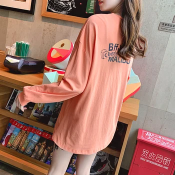 

Printed Lettered Mid-length T-shirt Women's Autumn 2020 New Style Avocado Green Crew Neck 100% Cotton Coat 7831