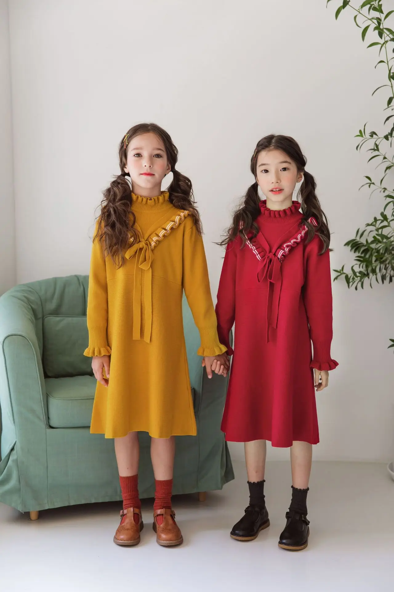 Платье-свитер для девочек; коллекция года; сезон осень; теплые платья с длинными рукавами для девочек; платье принцессы; детская вязаная одежда в Корейском стиле