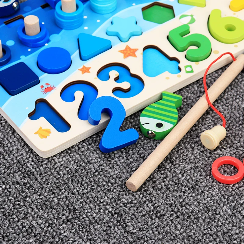 Montessori Educational Wooden Toys For Children Kids Busy Board Math Fishing Preschool Wooden Montessori Toys Count Geometric
