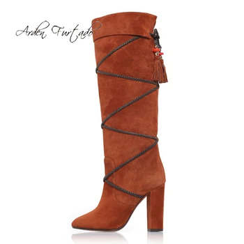 

Arden Furtado Fashion Women's Shoes Winter Pointed Toe Chunky Heels Classics Sexy Elegant Knee High Boots Concise Office lady