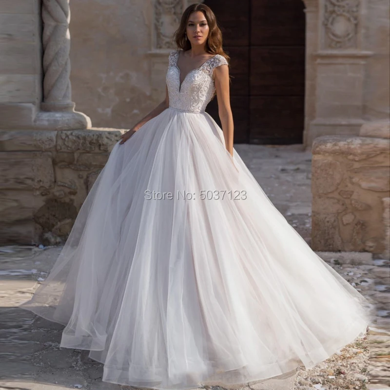 

Ball Gown Tulle Wedding Dresses Cap Sleeves V Neck Lace Appliques Beading Illusion Robe De Mariée Bridal Gown Vestido De Noiva
