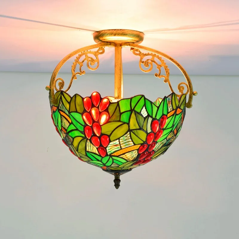 

30cm Green Pastoral Grape Tiffany Multi-Color Glass Restaurant Bedroom Aisle Corridor Bathroom Glass Ceiling Lamp
