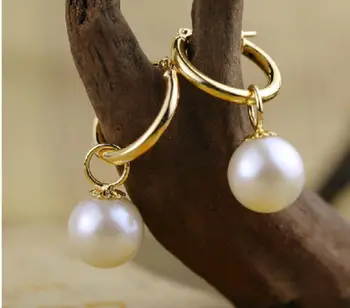

perfect 9-10mm round white Australia south sea pearl dangle earring GOLD