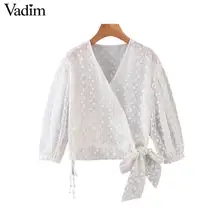 Vadim, милый, Женский цветочной вышивкой белая блузка с v-образным вырезом с рукавом три четверти рубашка с рукавами Женская Повседневная Блузка Прозрачная Топы blusas LB553