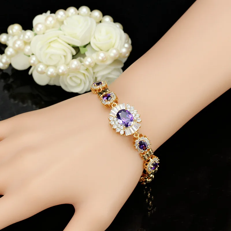 Фиолетовый кристалл,, теннисные амулеты, браслеты для женщин, розовое золото, серебро, цвет, звено цепи, браслет и браслет, Европейский/американский стиль, ювелирные изделия