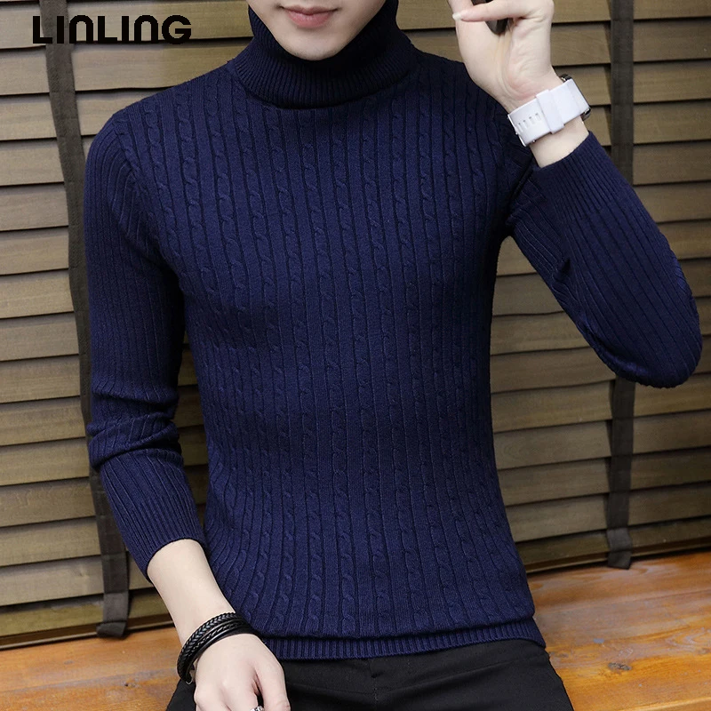 Otoño Invierno hombres suéteres de cuello alto de manga larga delgado sólido cálido suéter informal de talla grande marca coreana jerseys de punto Tops jersey navidad hombre ropa hombre invierno sudadera hombre