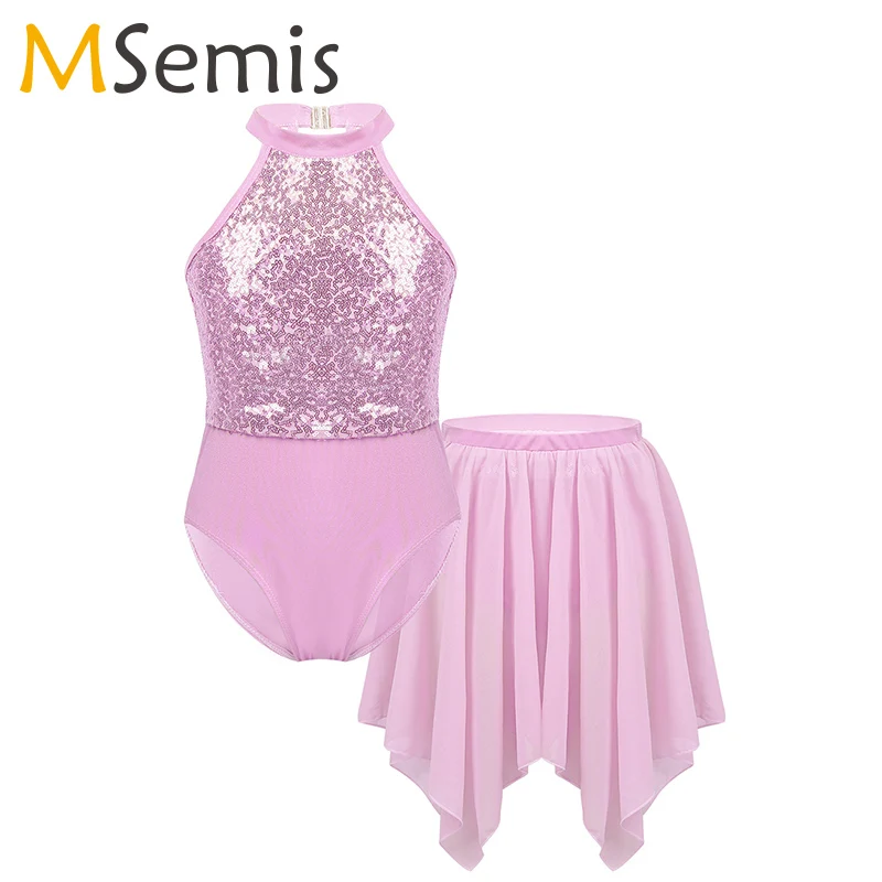 

Girls Halter Neck Sequined Ballet Dress Lyrical Dance Costumes Gymnastics Leotard with Irregular Hem Chiffon Skirt Outfit Set